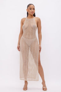 Open Back Cover Up Crochet Maxi Dress W/ Slit On Both Sides - Nude - SohoGirl.com