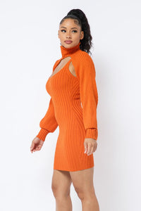 Scoop Neck Mini Dress Set W/ Turtle Neck Shrug - Orange - SohoGirl.com