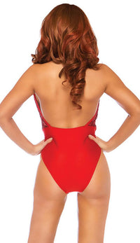 Shimmer Sequin Snap Crotch Plunging Bodysuit - Red - SohoGirl.com