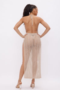 Open Back Cover Up Crochet Maxi Dress W/ Slit On Both Sides - Nude - SohoGirl.com