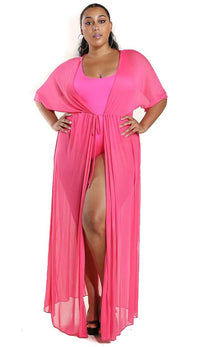 Plus Size Sheer Mesh Maxi Duster - Hot Pink - SohoGirl.com