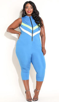 Plus Size Sleeveless Chevron Stripe Capri Jumpsuit in Blue - SohoGirl.com