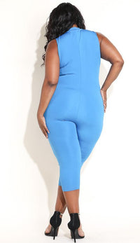 Plus Size Sleeveless Chevron Stripe Capri Jumpsuit in Blue - SohoGirl.com