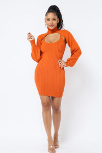 Scoop Neck Mini Dress Set W/ Turtle Neck Shrug - Orange - SohoGirl.com