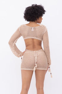 Long Sleeve Crochet Romper W/ Front Cut Outs - Nude - SohoGirl.com