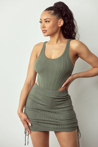 Scoop Neck Bodysuit W/ Ruched Mini Skirt - Olive - SohoGirl.com