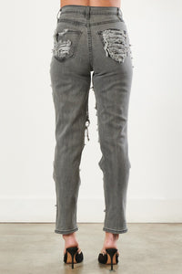 Vibrant High Waisted Super Distressed Ripped Straight Jeans - Grey - SohoGirl.com