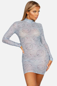 Mesh Mock Neck Long Sleeve Abstract Print Mini Dress - Jade Grey - SohoGirl.com