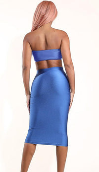 High Waisted Nylon Midi Pencil Skirt - Blue - SohoGirl.com