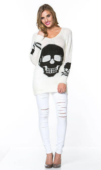 Skull Print Knit Sweater in White - SohoGirl.com