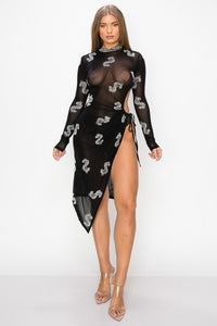Long Sleeve Money Sign Rhinestone Print Midi Dress W/ Side Opening - Black - SohoGirl.com