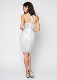 V-Neck Spaghetti Strap Rhinestone Mini Dress W/ Slit - White - SohoGirl.com