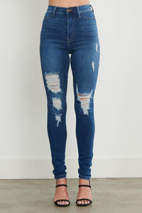 High Waste Distressed Skinny Jean - Medium Denim - SohoGirl.com