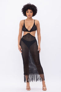 Spaghetti Strap Crocket Maxi Dress W/ Front Cut Outs & Fringes - Black - SohoGirl.com