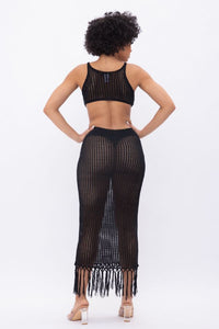 Spaghetti Strap Crocket Maxi Dress W/ Front Cut Outs & Fringes - Black - SohoGirl.com
