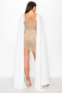 Rhinestone Mini Dress W/ Chiffon Cape Sleeves - Nude/White - SohoGirl.com