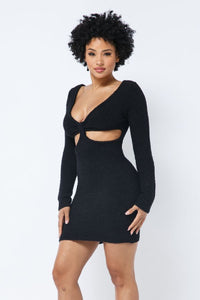 Long Sleeve Scoop Neck Teddy Mini Dress - Black - SohoGirl.com