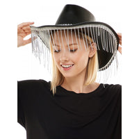 Leather Cowboy Hat W/ Rhinestone Fringe - Black - SohoGirl.com