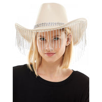 Leather Cowboy Hat W/ Rhinestone Fringe - Beige - SohoGirl.com