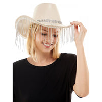 Leather Cowboy Hat W/ Rhinestone Fringe - Beige - SohoGirl.com