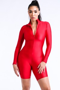 Nylon Long Sleeve Zip Up Bermuda Romper - Red - SohoGirl.com