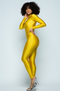 Nylon Spandex Zip-Up Long Sleeve Jumpsuit - Mustard - SohoGirl.com