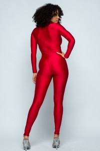 Nylon Spandex Zip-Up Long Sleeve Jumpsuit - Red - SohoGirl.com