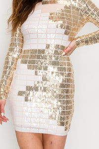 Grid Pattern Long Sleeves Sequin Mini Dress - Gold and White - SohoGirl.com