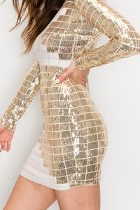 Grid Pattern Long Sleeves Sequin Mini Dress - Gold and White - SohoGirl.com