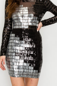 Grid Pattern Long Sleeves Sequin Mini Dress - Black and Sliver - SohoGirl.com