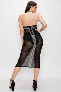 Halter Top Deep V Studded Midi Dress - Black - SohoGirl.com