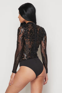 Black Sheer Sequin Embroidered Bodysuit - SohoGirl.com