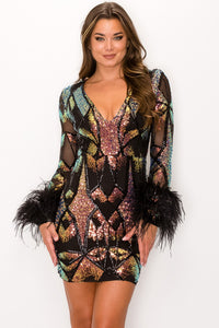 V-Neck Long Sleeve Mini Dress With Feathers - Black - SohoGirl.com