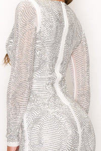 Long Sleeve V-Neck Studded Mini Dress With Slit - White - SohoGirl.com