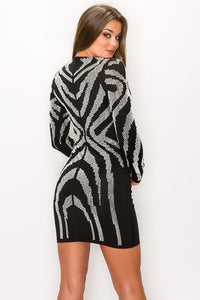 Long Sleeve V-Neck Studded Mini Dress - Black - SohoGirl.com