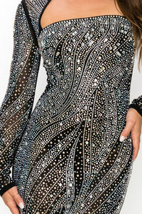 Long Sleeve Open Front Studded Midi Dress - Black - SohoGirl.com