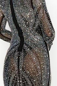 Long Sleeve Open Front Studded Midi Dress - Black - SohoGirl.com