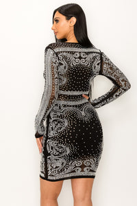 Long Sleeve Studded V-Neck Mini Dress - Black - SohoGirl.com