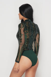 Sequin Embellished Bodysuit - Hunter Green - SohoGirl.com