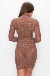 Long Sleeve Studded High Neck Mini Dress - Brown - SohoGirl.com