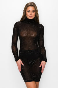 Long Sleeve Studded High Neck Mini Dress - Black - SohoGirl.com