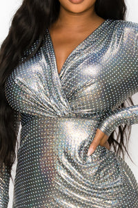 Rhinestone V-Neck Long Sleeve Mini Dress - Metallic Sliver - SohoGirl.com
