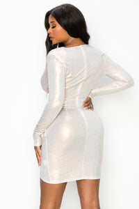 Rhinestone V-Neck Long Sleeve Mini Dress - White - SohoGirl.com