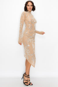Mock Neck Long Sleeve Rhinestone Snake Print Midi Dress W/ Side Opening - Nude - SohoGirl.com