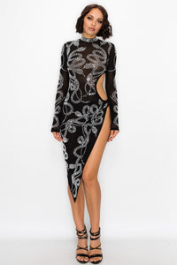 Mock Neck Long Sleeve Rhinestone Snake Print Midi Dress W/ Side Opening - Black - SohoGirl.com