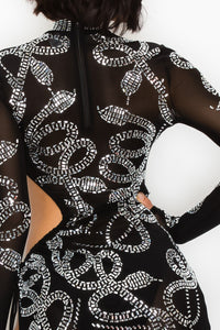 Mock Neck Long Sleeve Rhinestone Snake Print Midi Dress W/ Side Opening - Black - SohoGirl.com