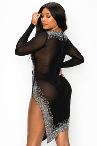 Long Sleeve Rhinestone Mesh Mini Dress W/ Side Slit & Openings- Black - SohoGirl.com
