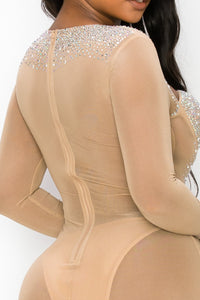 Long Sleeve Rhinestone Mesh Mini Dress W/ Side Slit & Openings- Nude - SohoGirl.com