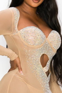 Long Sleeve Rhinestone Mesh Mini Dress W/ Side Slit & Openings- Nude - SohoGirl.com