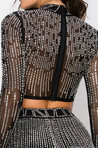 Mesh Rhinestone Maxi Skirt W/ Long Sleeve Crop Top - Black - SohoGirl.com